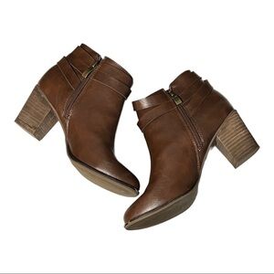 Michael by Michael Shannon Blair Boot Cognac Faux Leather Block Heel Moto Style